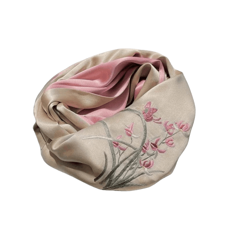 Hand Embroidered Suzhou 16 Momme Silk Scarf Luxury 155x35cm - SinoCultural -- HYFSJ025A01