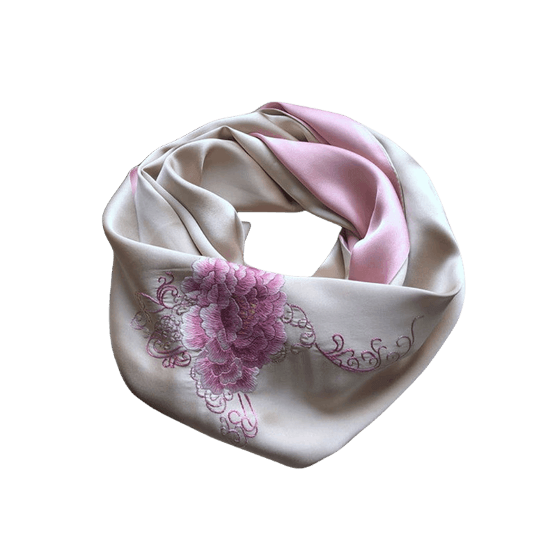 Handmade Su Embroidery 16 Momme Silk Scarf Peony 155x35cm - SinoCultural -- HYFSJ032A01