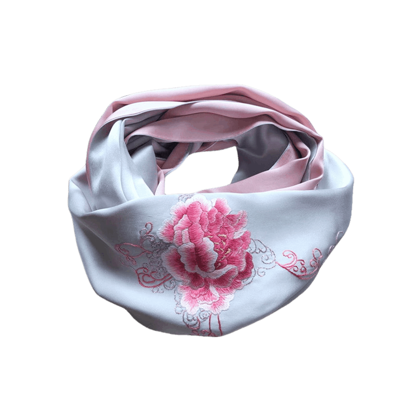 Handmade Su Embroidery 16 Momme Silk Scarf Peony 155x35cm - SinoCultural -- HYFSJ032A01