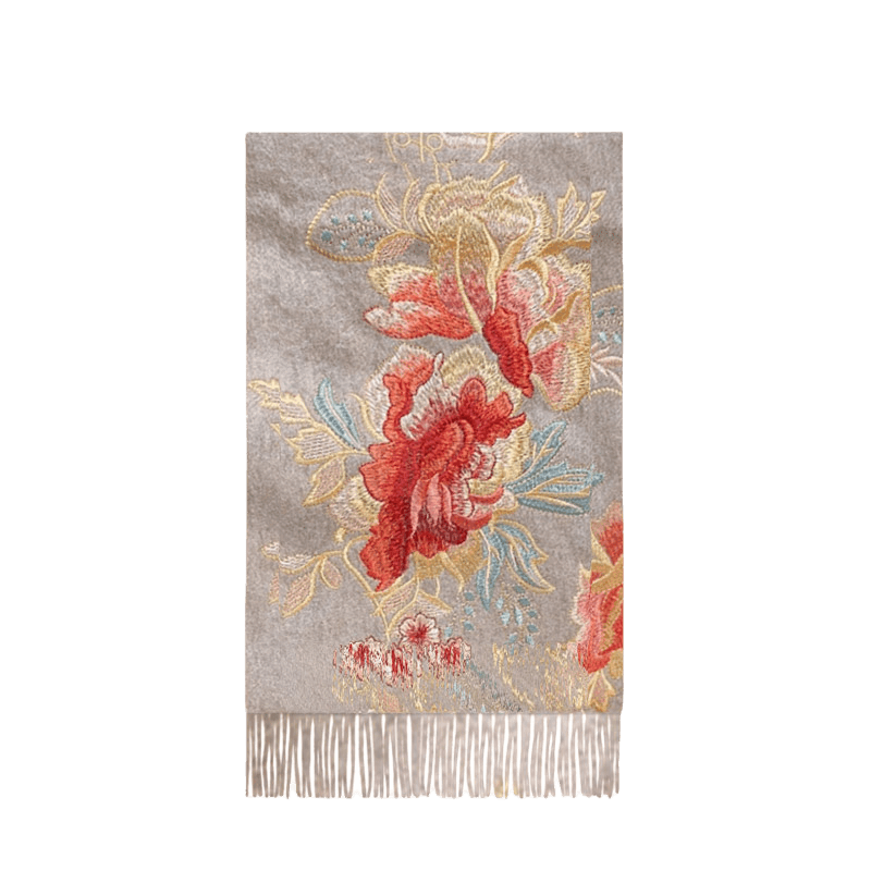 Embroidery 100% Pure Cashmere Scarf Elegant Floral Design 200x60 cm - SinoCultural -- HYFSJ040