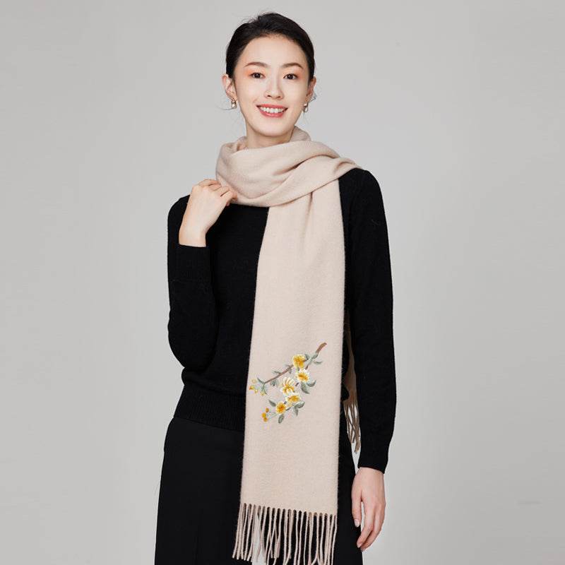 Handmade Embroidery Wool Cashmere Scarf Winter Wrap Shawl 200x38cm - SinoCultural -- HYFSJ054-1