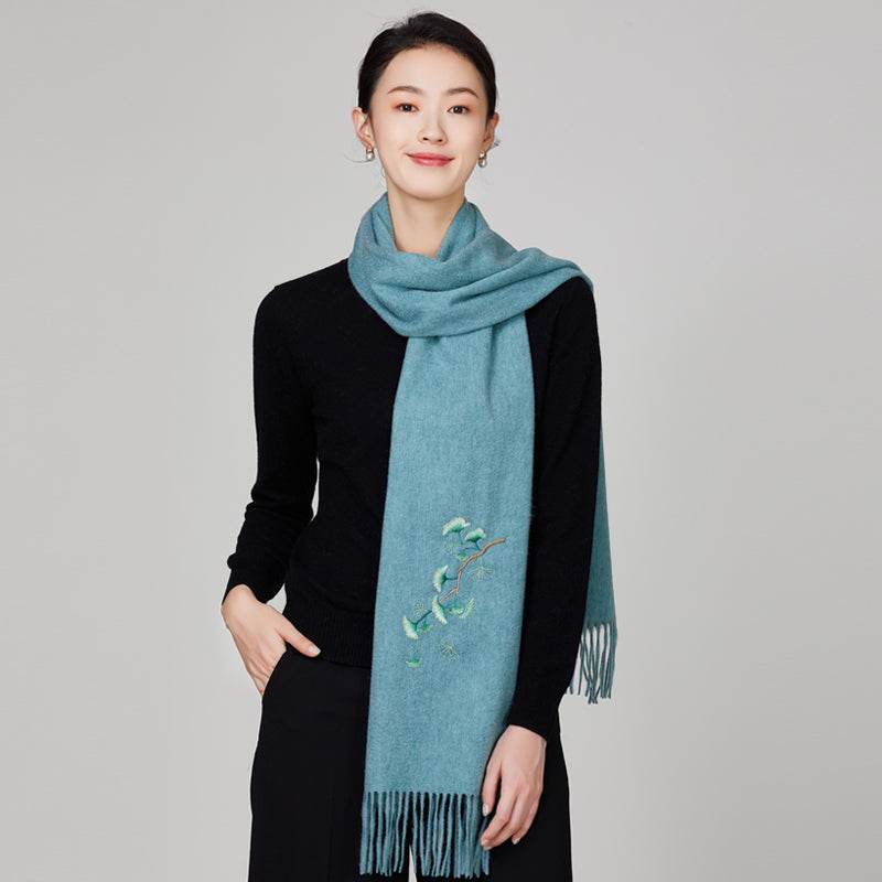 Handmade Suzhou Embroidery Wool Cashmere Scarf Shawl for Women 200x38cm - SinoCultural -- HYFSJ055-3