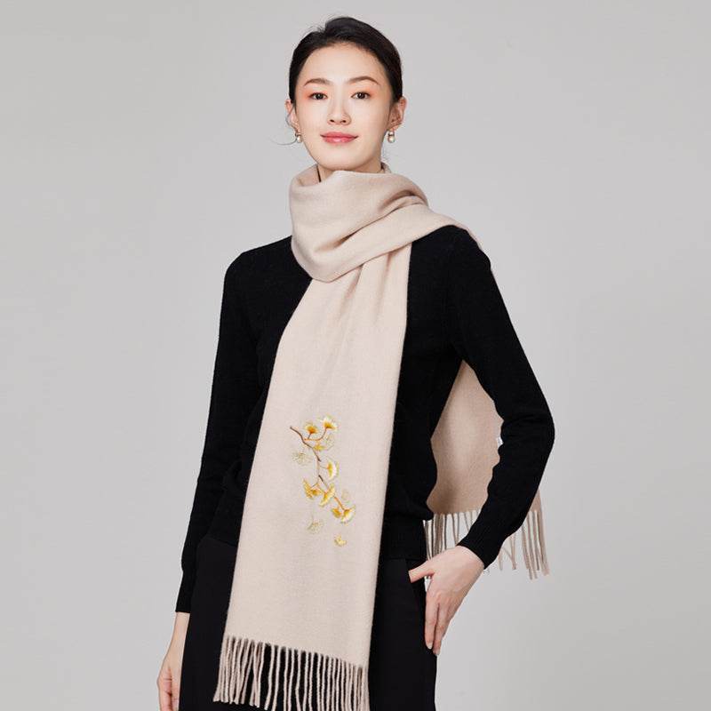 Handmade Suzhou Embroidery Wool Cashmere Scarf Shawl for Women 200x38cm - SinoCultural -- HYFSJ055-3