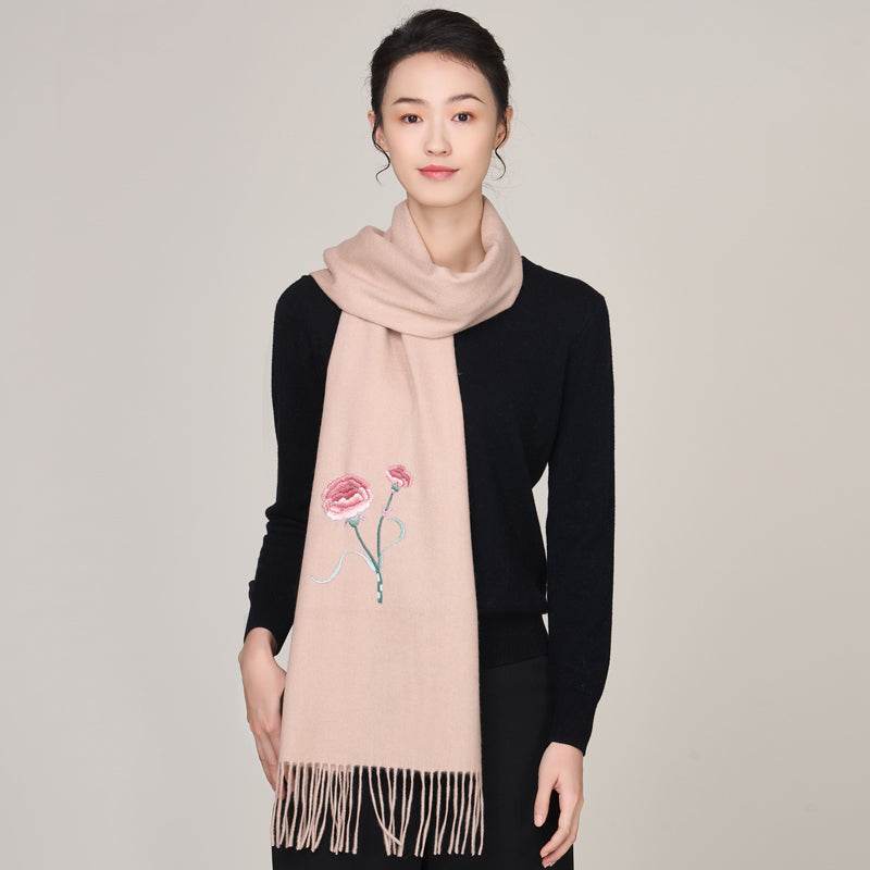 Handmade Suzhou Embroidery Wool Cashmere Scarf Shawl for Women 200x38cm - SinoCultural -- HYFSJ056-1