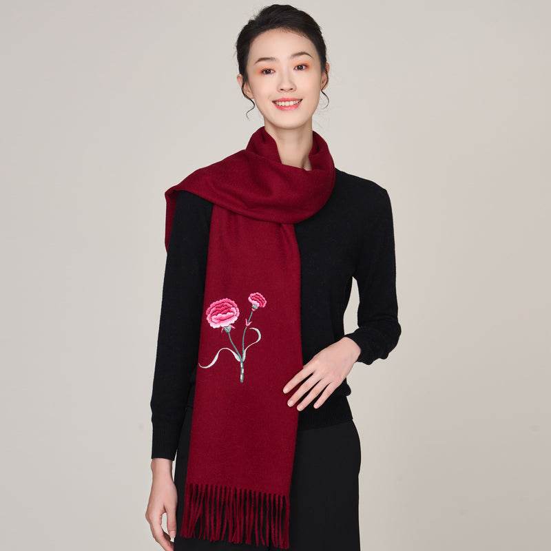Handmade Suzhou Embroidery Wool Cashmere Scarf Shawl for Women 200x38cm - SinoCultural -- HYFSJ056-1