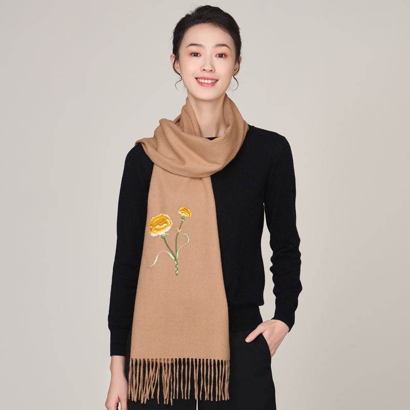 Handmade Suzhou Embroidery Wool Cashmere Scarf Shawl for Women 200x38cm - SinoCultural -- HYFSJ056-1
