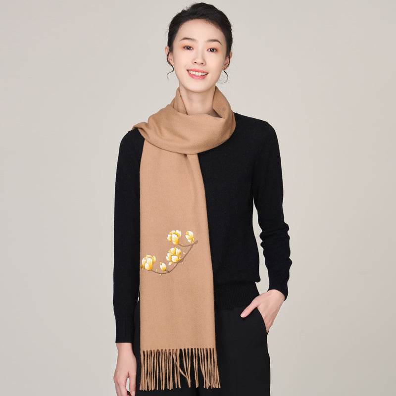 Handmade Suzhou Embroidery Wool Cashmere Scarf with Magnolia Flower 200x38cm - SinoCultural -- HYFSJ057-2