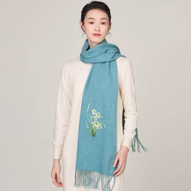 Handmade Suzhou Embroidery Wool Cashmere Scarf with Narcissus Flower 200x38cm - SinoCultural -- HYFSJ058-4