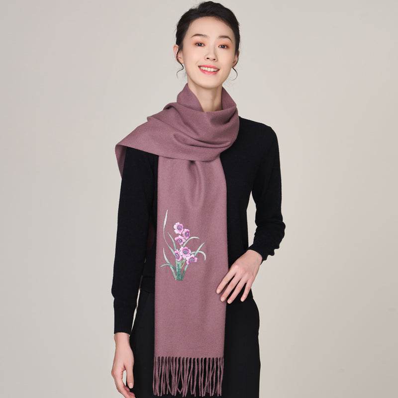 Handmade Suzhou Embroidery Wool Cashmere Scarf with Narcissus Flower 200x38cm - SinoCultural -- HYFSJ058-4