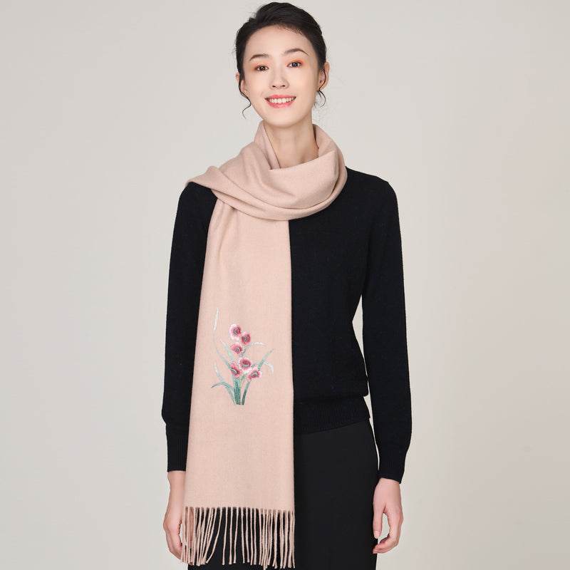 Handmade Suzhou Embroidery Wool Cashmere Scarf with Narcissus Flower 200x38cm - SinoCultural -- HYFSJ058-4
