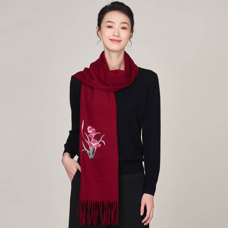 Handmade Suzhou Embroidery Wool Cashmere Scarf with Narcissus Flower 200x38cm - SinoCultural -- HYFSJ058-4