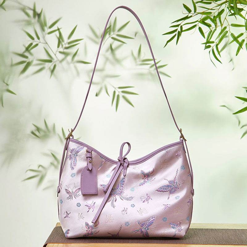 Handcraft Brocade Jacquard Purple Large-Capacity Chinoiserie Tote Bag - SinoCultural