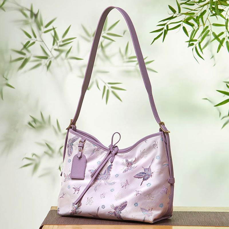 Handcraft Brocade Jacquard Purple Large-Capacity Chinoiserie Tote Bag - SinoCultural