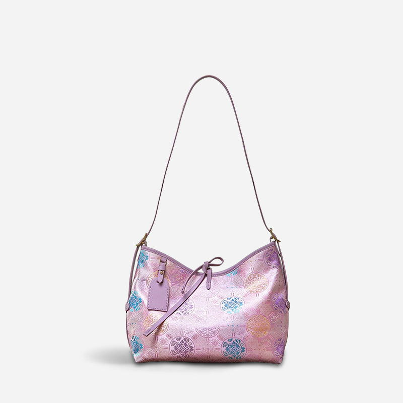 Handcraft Brocade Jacquard Purple"Tuanhua”Chinoiserie Royal Tote Bag - SinoCultural