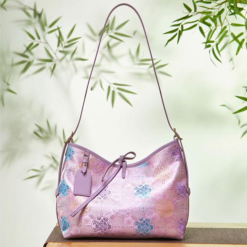 Handcraft Brocade Jacquard Purple"Tuanhua”Chinoiserie Royal Tote Bag - SinoCultural
