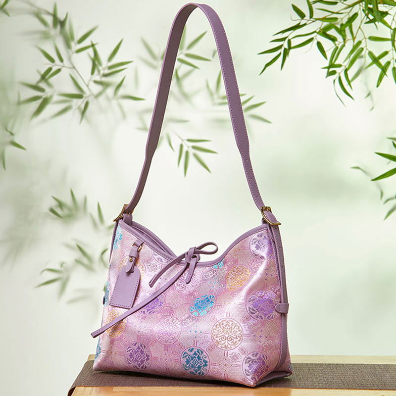 Handcraft Brocade Jacquard Purple"Tuanhua”Chinoiserie Royal Tote Bag - SinoCultural