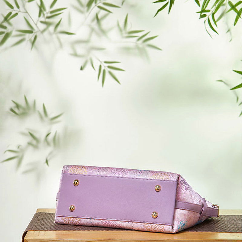 Handcraft Brocade Jacquard Purple"Tuanhua”Chinoiserie Royal Tote Bag - SinoCultural