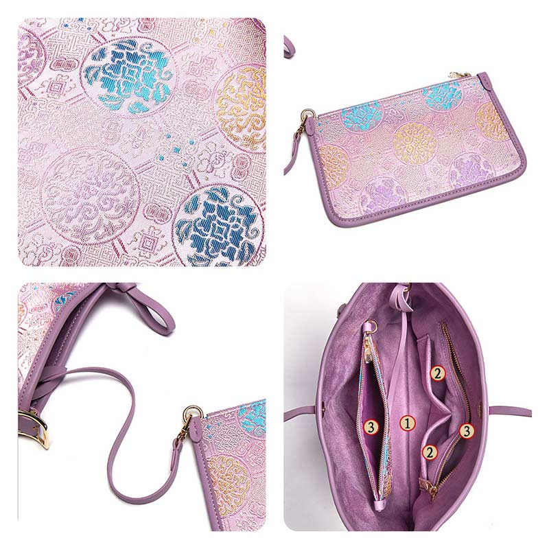Handcraft Brocade Jacquard Purple"Tuanhua”Chinoiserie Royal Tote Bag - SinoCultural