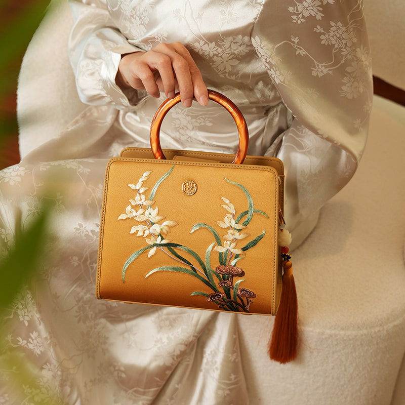 Handcraft Embroidery Silk Orchid Leather Handbag with Pendant - SinoCultural -- P120606