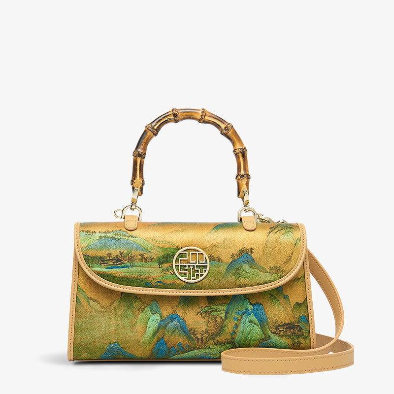 Chinese Painting Xiangyunsha Silk Bamboo Handle Barrel Handbag - SinoCultural -- P170079