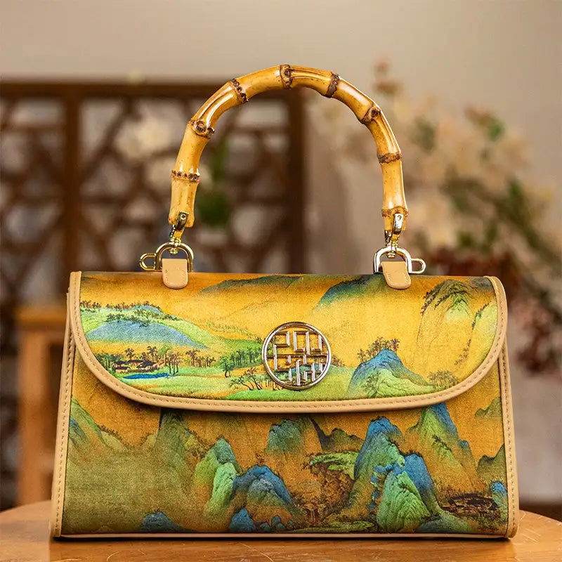 Chinese Painting Xiangyunsha Silk Bamboo Handle Barrel Handbag - SinoCultural -- P170079