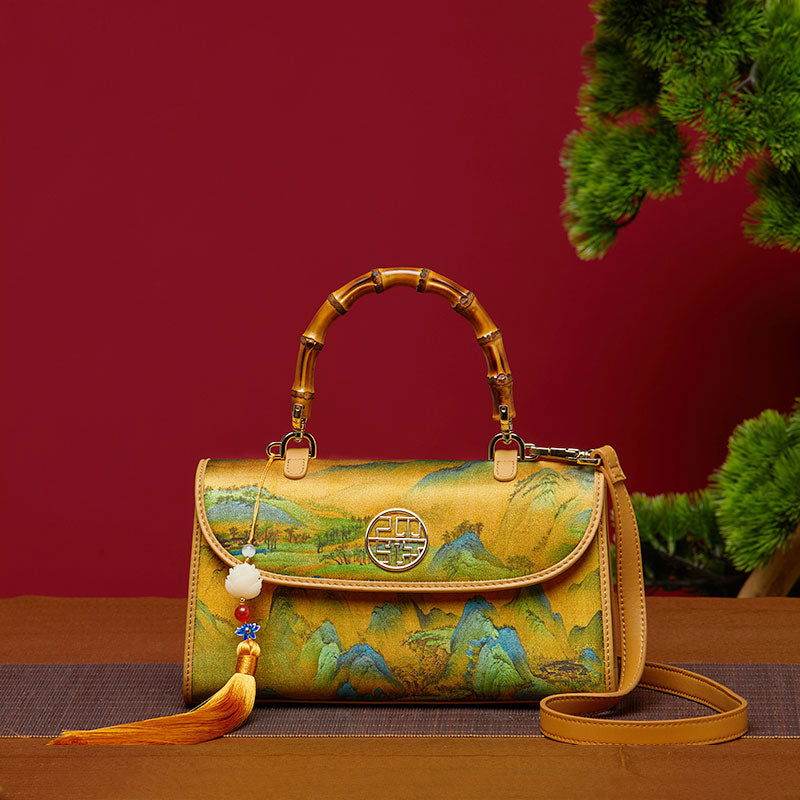 Chinese Painting Xiangyunsha Silk Bamboo Handle Barrel Handbag - SinoCultural -- P170079