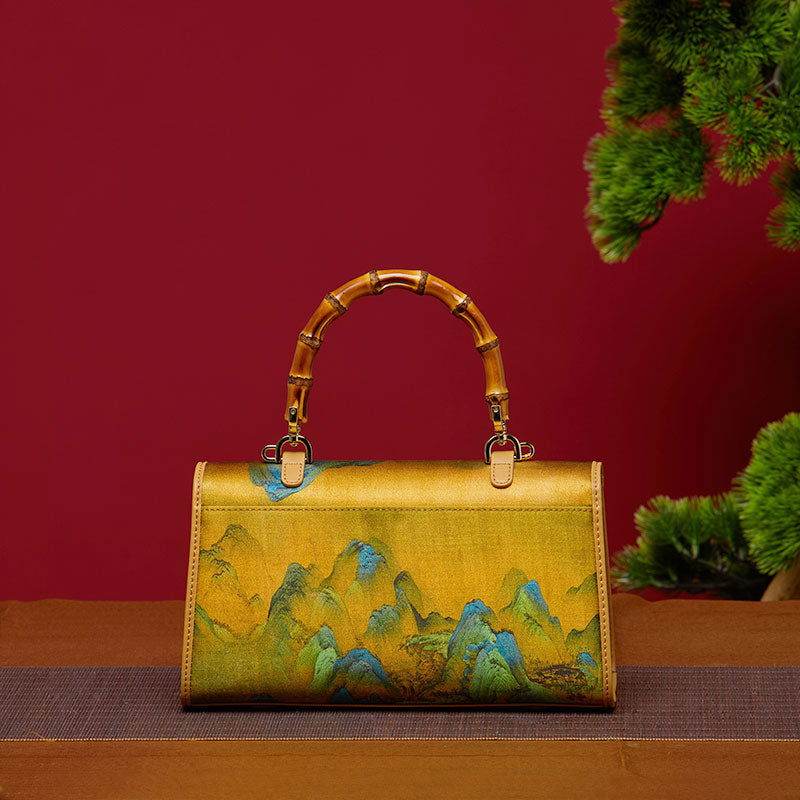 Chinese Painting Xiangyunsha Silk Bamboo Handle Barrel Handbag - SinoCultural -- P170079