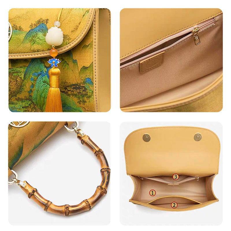 Chinese Painting Xiangyunsha Silk Bamboo Handle Barrel Handbag - SinoCultural -- P170079