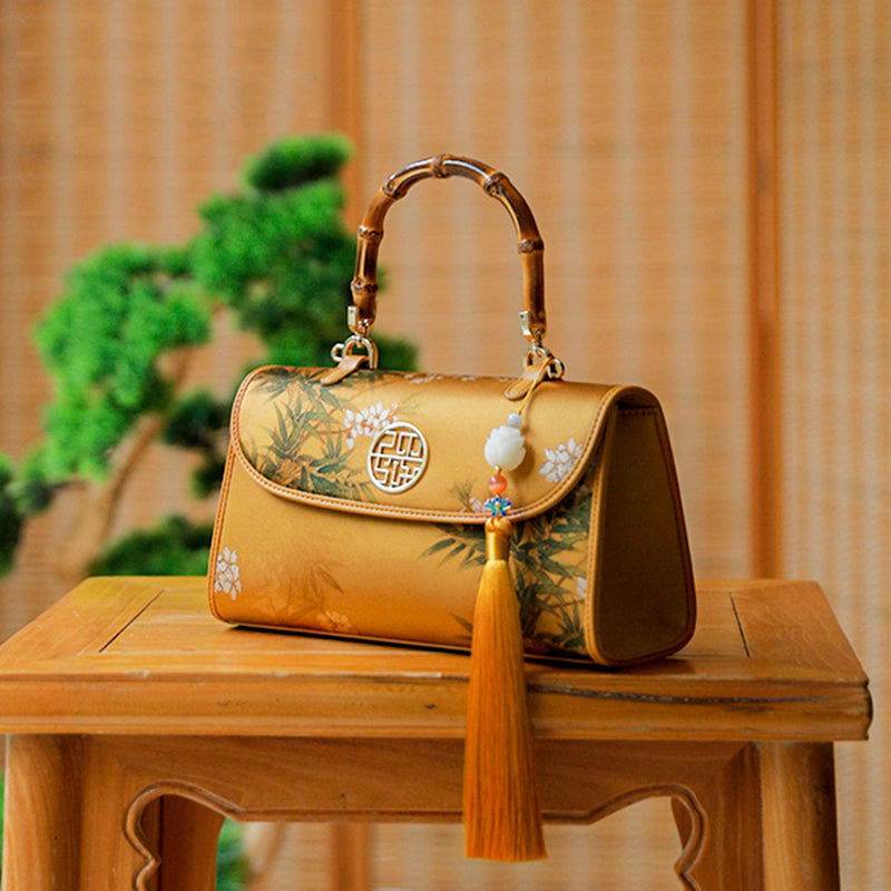 Chinese Painting Xiangyunsha Silk Bamboo Handle Barrel Handbag - SinoCultural -- P170079