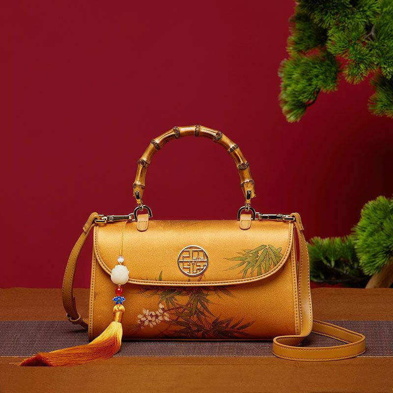 Chinese Painting Xiangyunsha Silk Bamboo Handle Barrel Handbag - SinoCultural -- P170079