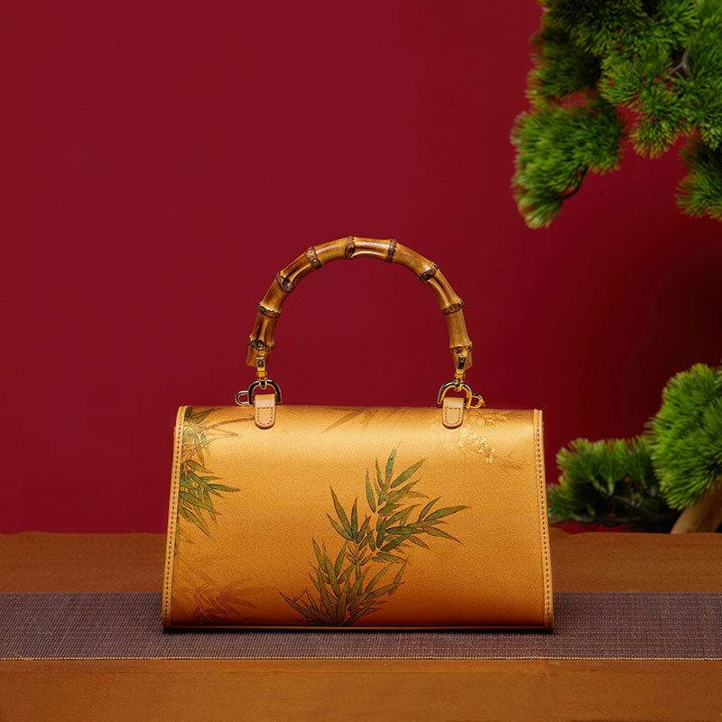 Chinese Painting Xiangyunsha Silk Bamboo Handle Barrel Handbag - SinoCultural -- P170079