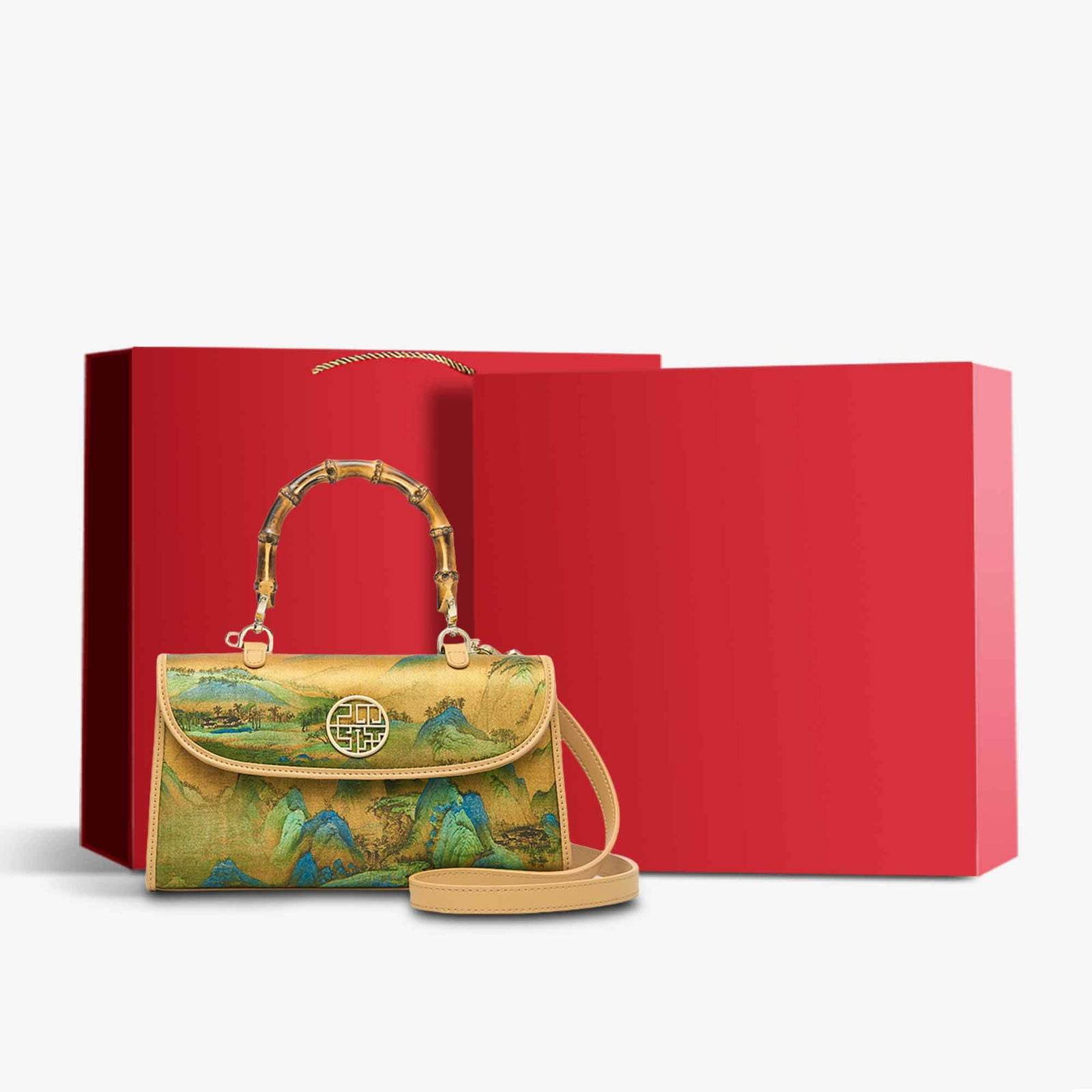 Chinese Painting Xiangyunsha Silk Bamboo Handle Barrel Handbag - SinoCultural -- P170079