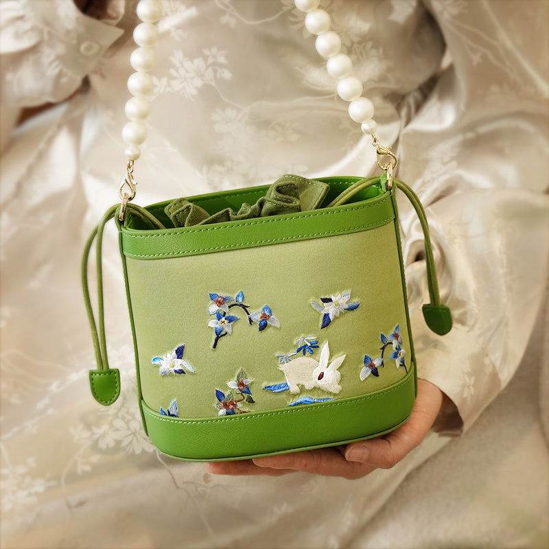 Handcrafted Embroidered Silk Osmanthus Green Bucket Bag - SinoCultural -- BXL06WCS208A01