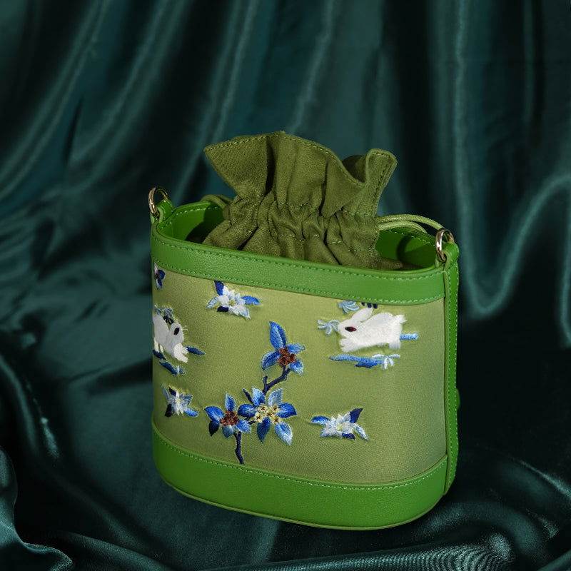 Handcrafted Embroidered Silk Osmanthus Green Bucket Bag - SinoCultural -- BXL06WCS208A01