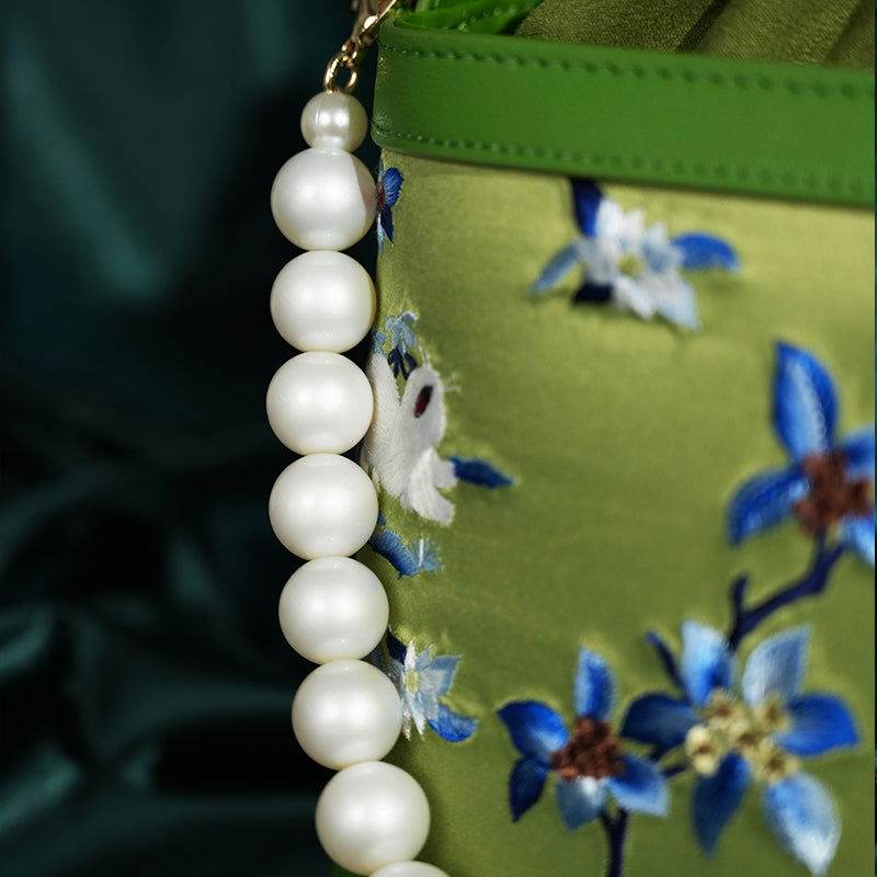 Handcrafted Embroidered Silk Osmanthus Green Bucket Bag - SinoCultural -- BXL06WCS208A01
