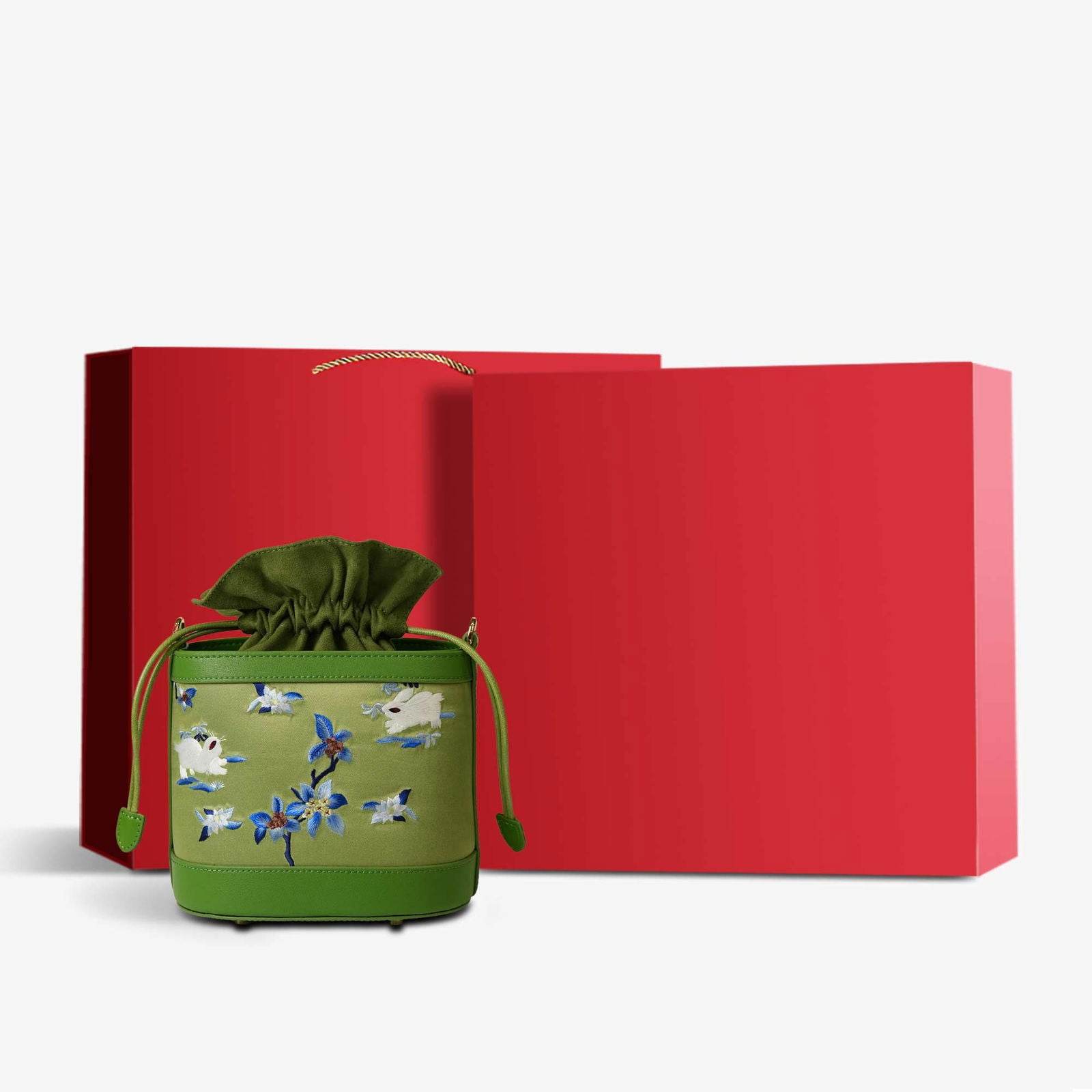 Handcrafted Embroidered Silk Osmanthus Green Bucket Bag - SinoCultural -- BXL06WCS208A01