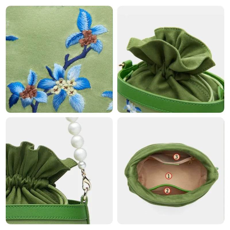 Handcrafted Embroidered Silk Osmanthus Green Bucket Bag - SinoCultural -- BXL06WCS208A01