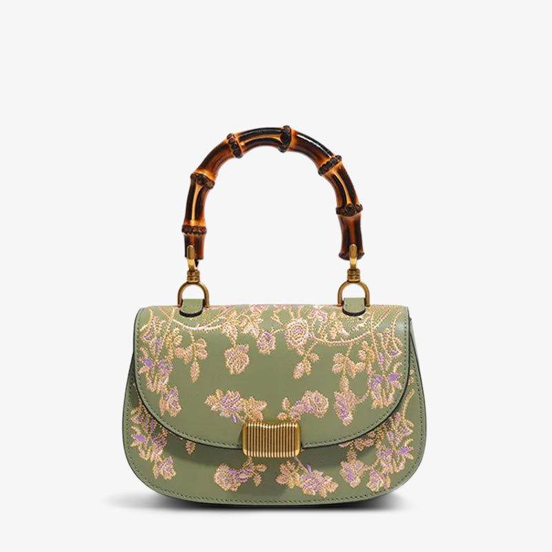 Handcrafted Embroidery Leather Green Handbag Camellia Bamboo Handle - SinoCultural -- CXXB043G