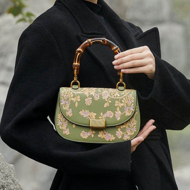 Handcrafted Embroidery Leather Green Handbag Camellia Bamboo Handle - SinoCultural -- CXXB043G
