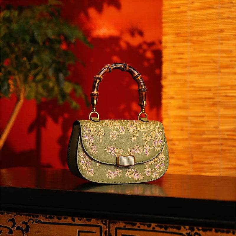Handcrafted Embroidery Leather Green Handbag Camellia Bamboo Handle - SinoCultural -- CXXB043G