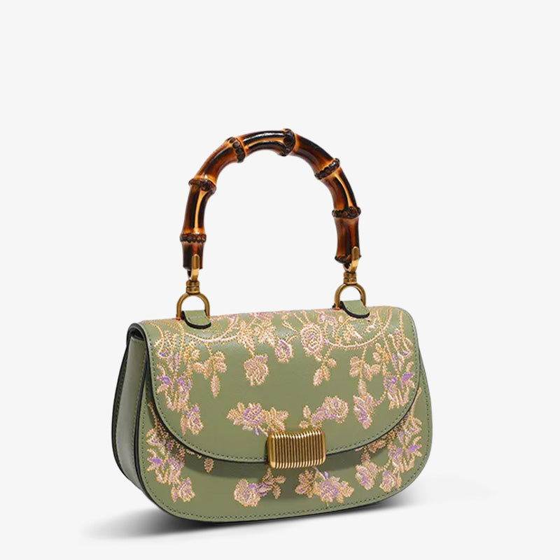 Handcrafted Embroidery Leather Green Handbag Camellia Bamboo Handle - SinoCultural -- CXXB043G
