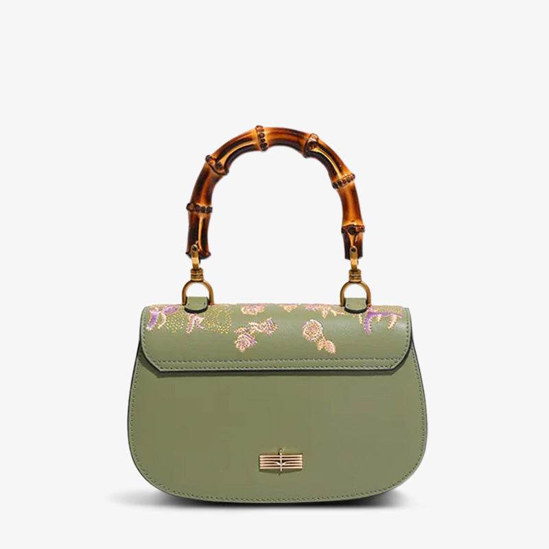 Handcrafted Embroidery Leather Green Handbag Camellia Bamboo Handle - SinoCultural -- CXXB043G