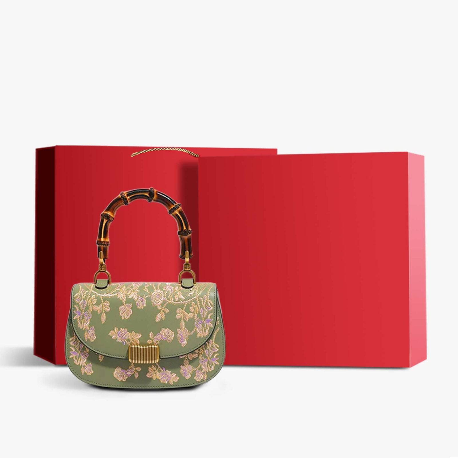 Handcrafted Embroidery Leather Green Handbag Camellia Bamboo Handle - SinoCultural -- CXXB043G
