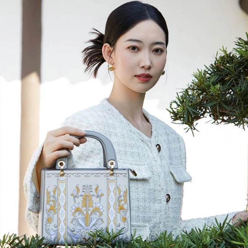 Handcrafted Embroidery Leather Handbag Blue and White Porcelain - SinoCultural -- CXXB048B