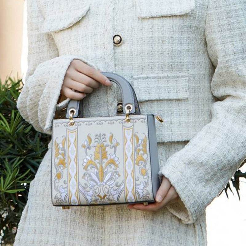 Handcrafted Embroidery Leather Handbag Blue and White Porcelain - SinoCultural -- CXXB048B