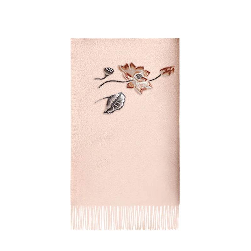 Handcrafted Embroidery Premium 100% Wool Scarf Shawl Lotus 180x30cm - SinoCultural -- LS065