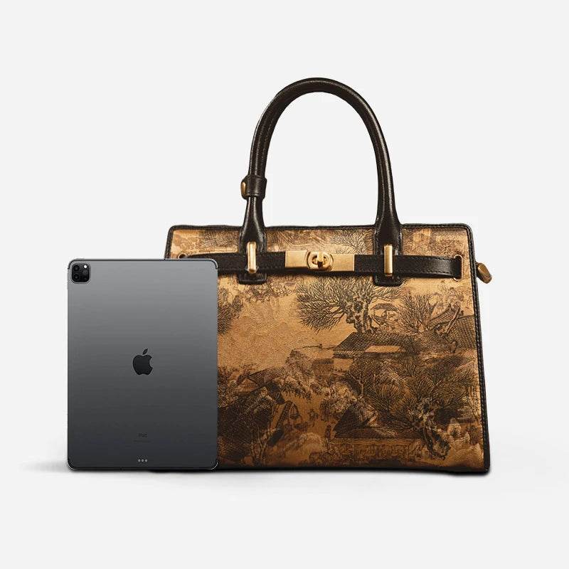 Handmade Xiangyunsha Silk Black Leather Kelly Bag Chinese Painting - SinoCultural -- W4188-2