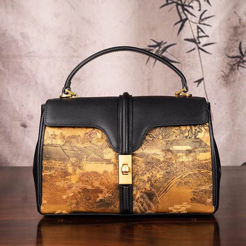 Xiangyunsha Silk Black Boston Leather Handbag Chinese Painting - SinoCultural -- W3085-1