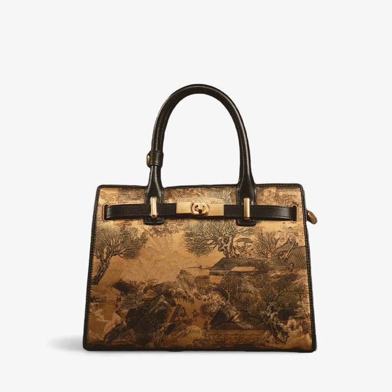 Handmade Xiangyunsha Silk Black Leather Kelly Bag Chinese Painting - SinoCultural -- W4188-2