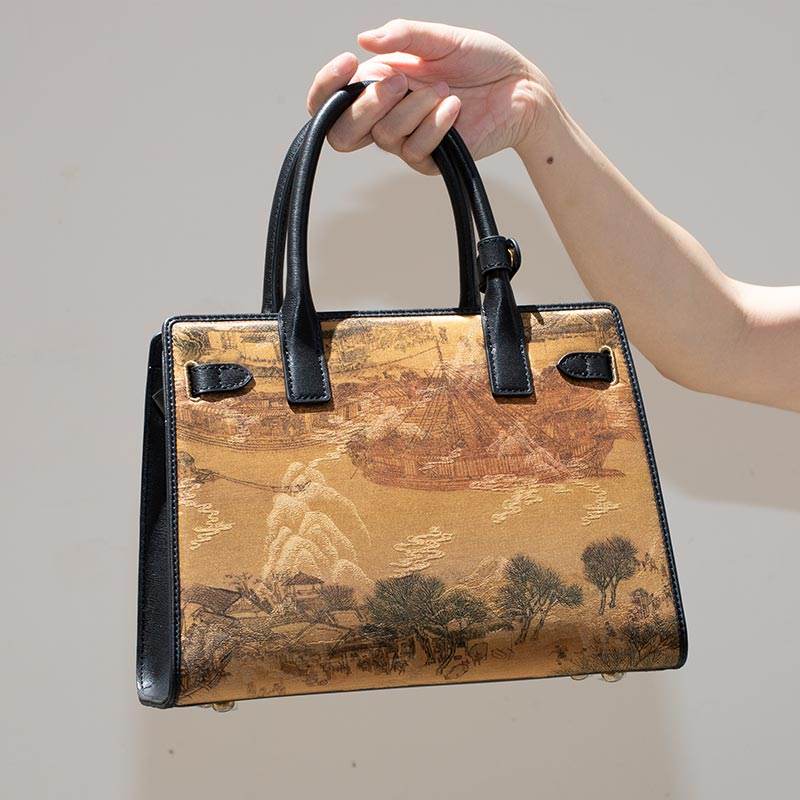 Handmade Xiangyunsha Silk Black Leather Kelly Bag Chinese Painting - SinoCultural -- W4188-2